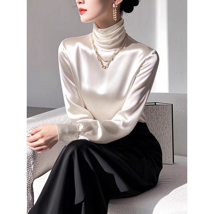 봄 가을 여성 목폴라티 프리미엄 터틀낵 새틴 블라우스 슬림핏 반폴라 긴팔티 캐주얼 여자 얇은 긴팔 티셔츠 YJW