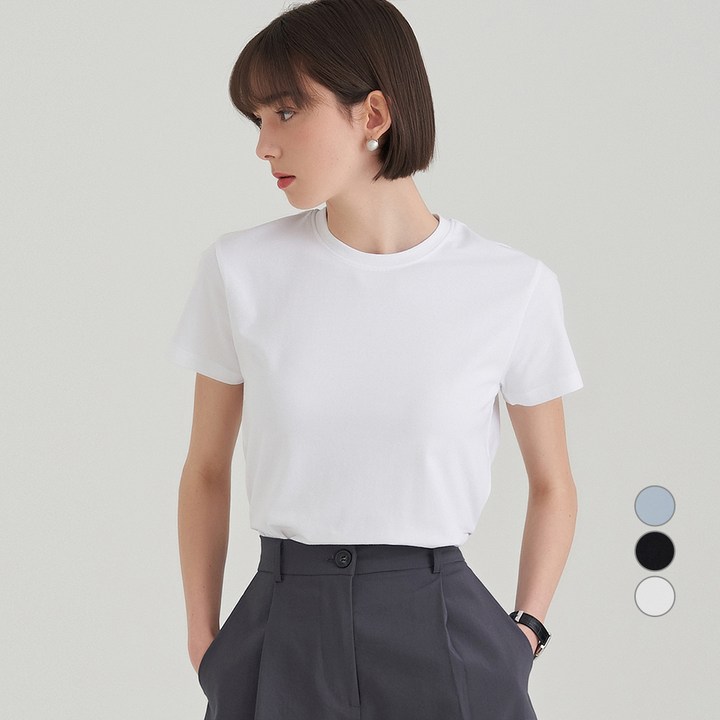 흰색티셔츠 ELLE PARIS 슬림핏 라운드넥 반팔 티셔츠