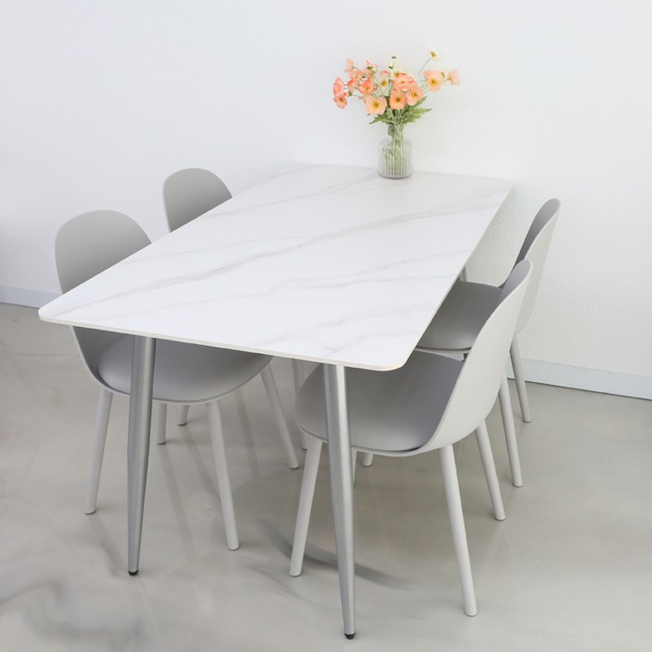 참갤러리 마로니 1400 4인용 세라믹 직사각 식탁  의자 4p 세트 방문설치, 마블 화이트  그레이  그레이