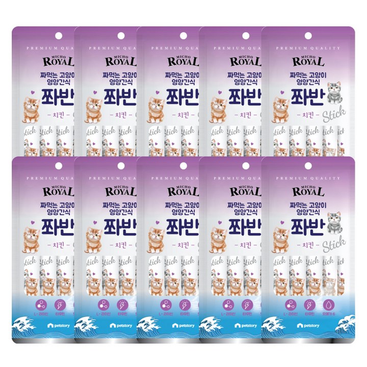 펫스토리 고양이 프리미엄로얄 미쵸 쫘반 가수분해단백질 닭고기 짜먹이는간식 5p, 치킨, 75g, 10개