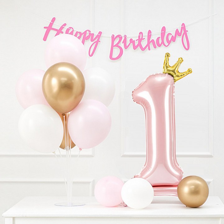 돌잔치풍선 조이파티 풍선스탠드 + 생일가랜드 + 숫자풍선 생일세트 1, 핑크, 1세트
