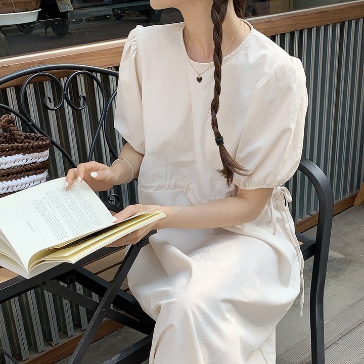 앤샵 자체제작국내생산 여성용 링클 아노락 반팔 셔링 롱 원피스3color