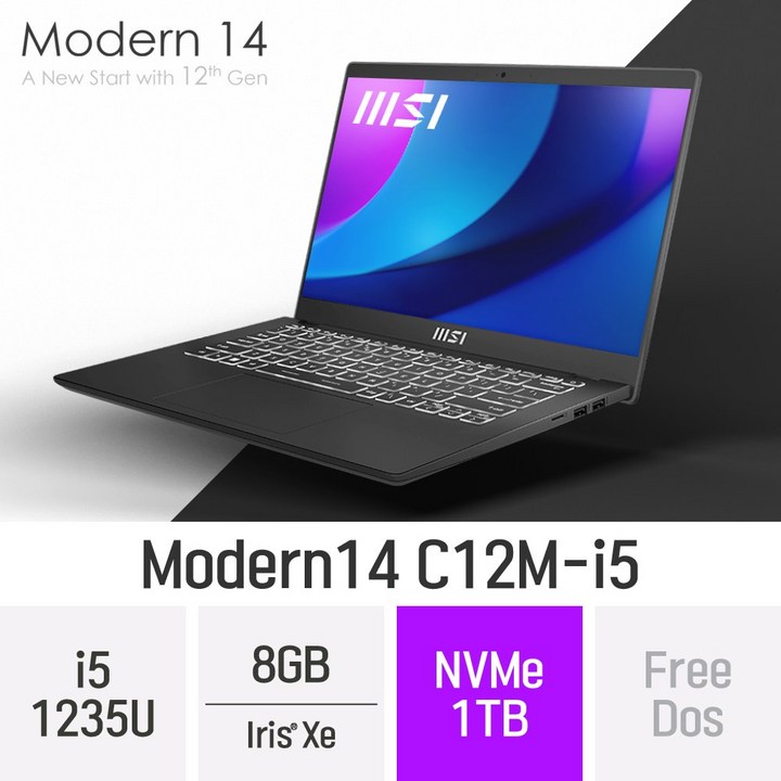 8인치노트북 MSI 모던시리즈 모던14 C12M-i5 - 14인치 인텔 i5 휴대용 인강용 문서작업 온라인수업 재택근무용 대학생 노트북, Free Dos, 8GB, 1TB