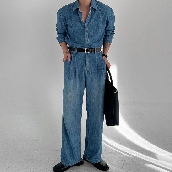 르에 Denim set up, 남자 연청 데님 셋업 가을 청남방세트