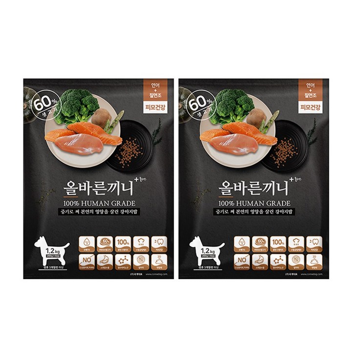올바른끼니 플러스 2개 세트 -연어 칠면조(피모건강) 강아지사료 _ 60%생육, 100%휴먼그레이드, 스팀공법 영양식 강아지밥, 연어, 1.25kg, 2개