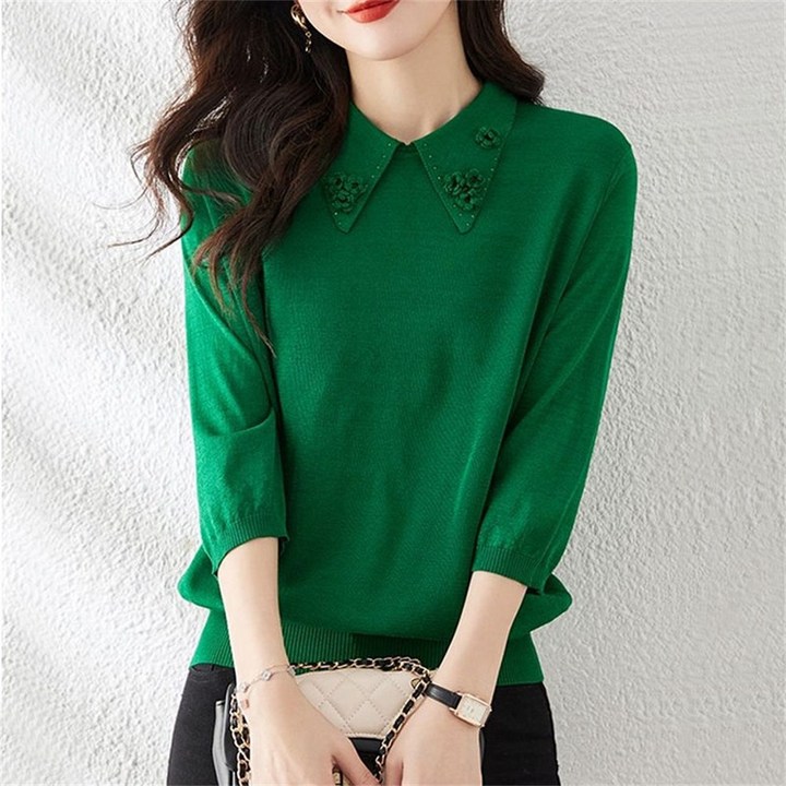 TKX 중년여성 7부소매 니트 클래식 플라워 장식 칼라 니트 스웨터 니트티 이너 골지 K87