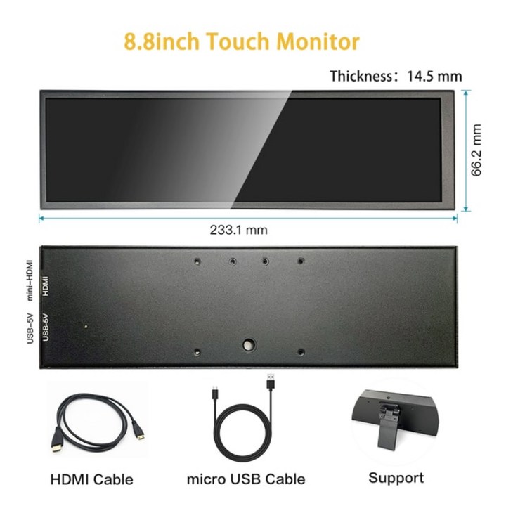 세로모니터 8.8 인치 용량 성 터치 480x1920 긴 스트립 휴대용 모니터 스트레치 바 LCD 두 번째 화면 USB A, 01 8.8inch Touch