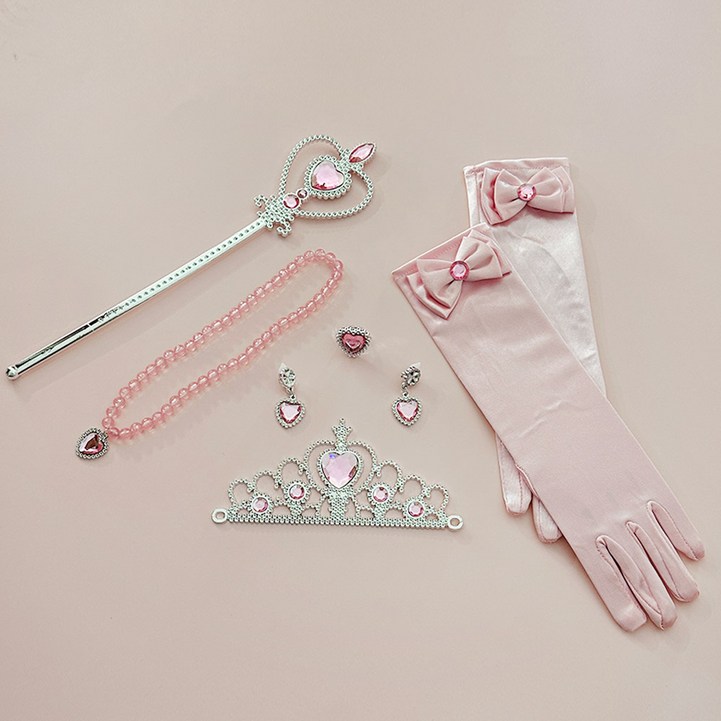 공주가 되고 싶어 왕관 + 목걸이 + 귀걸이 + 반지 + 장갑 + 요술봉 세트, 핑크, 1세트
