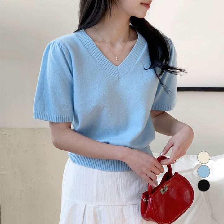 아피나르 여성용 벌룬 슬리브 브이넥 데일리 반팔 니트 아피나르 여성용 벌룬 슬리브 브이넥 데일리 반팔 니트