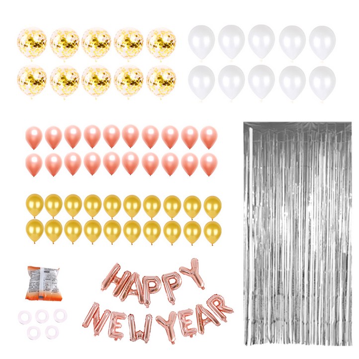 파티쇼 해피뉴이어 홀로그램 실버수술커튼 홈파티 풍선세트