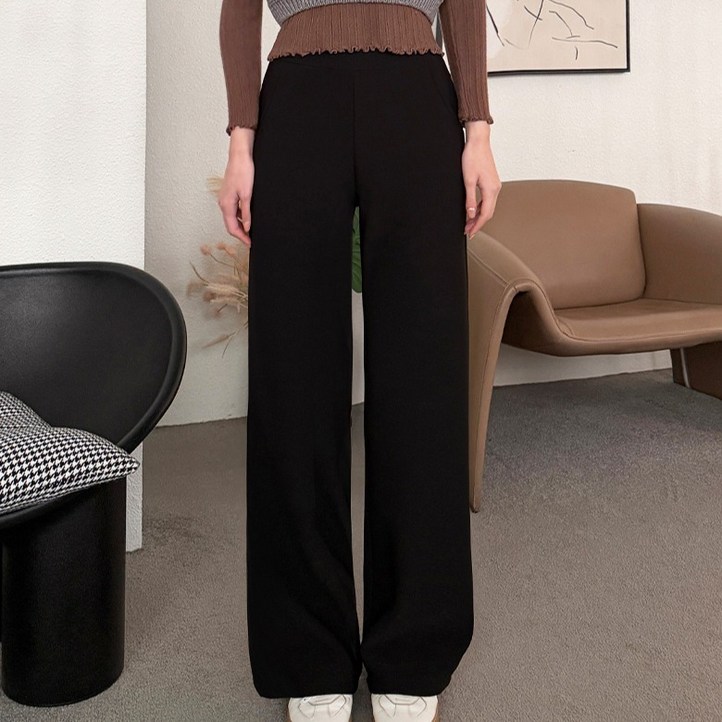 잘빠진 여성용 롱베이직숏 기장 3단 잔느 기모 스판 데일리 세미 와이드 밴딩 팬츠