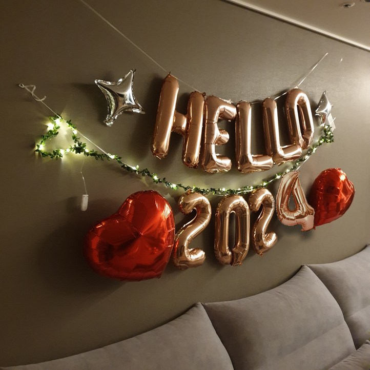 연말파티 풍선 세트  HELLO 6종 나뭇잎 가랜드 조명포함 신년 새해 파티용품