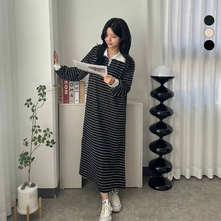 디테일웨어 여성 단카라 배색 긴팔 롱원피스 스트라이프 임부복 편한원피스 간절기 링클프리 오버핏 단가라 데일리원피스