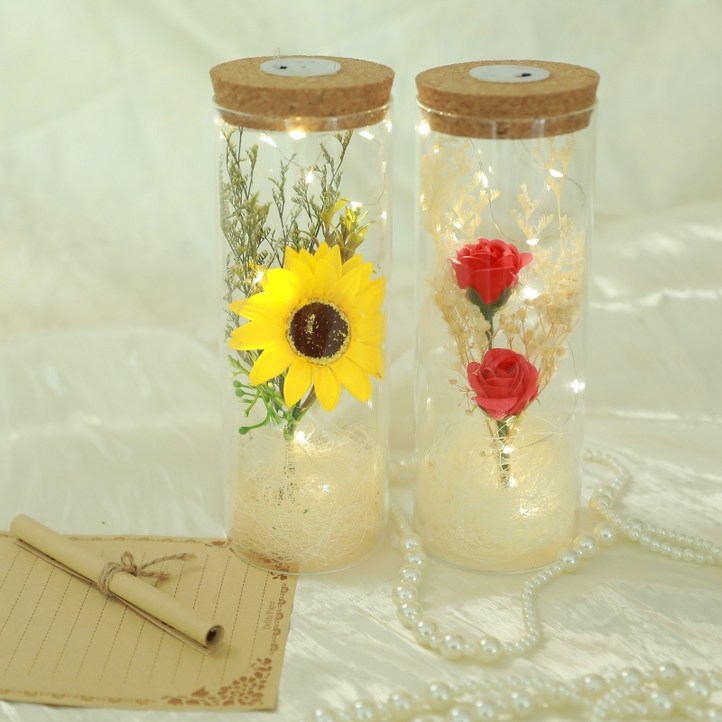 LUCKYOO 유리병 꽃다발 생일 기념일 선물 비누꽃 LED 무드등
