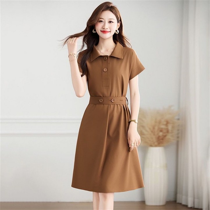 Vezri 여성 반팔 버튼다운 오버사이즈 드레스 우아한 여름 원피스 캐주얼 스타일