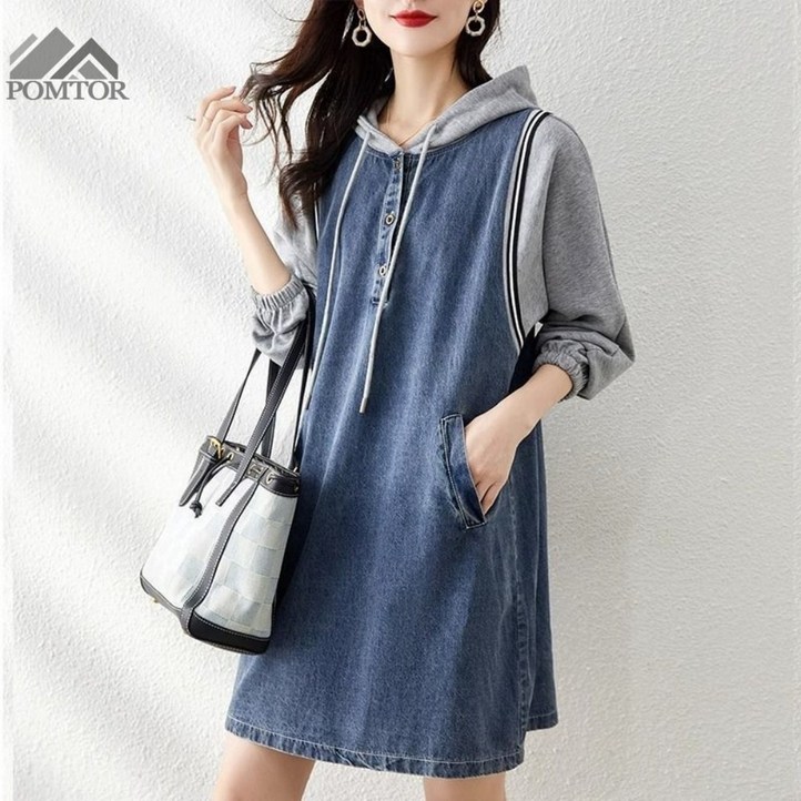 POMTOR 여성 봄가을 캐주얼 데일리 데님 루즈핏 후드 롱 원피스