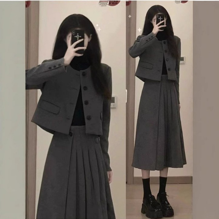 SAHINER 가을겨울 여성 데일리 크롭자켓 하이웨이스트 플리츠 미디스커트 투피스세트 LW2714