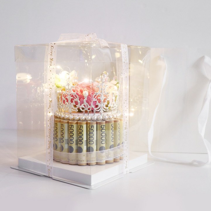 용돈박스 비누꽃 생신 생일 용돈 이벤트 왕관돈케이크  전용쇼핑백  페이크머니  LED전구, 1개, 핑크