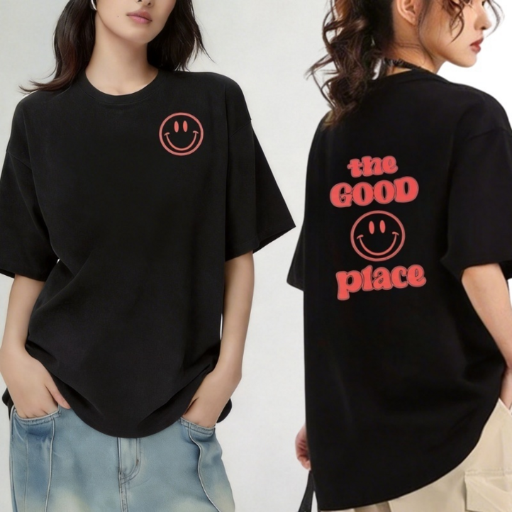 스위스타일 여성 순면 루즈핏 스마일 반팔 티셔츠