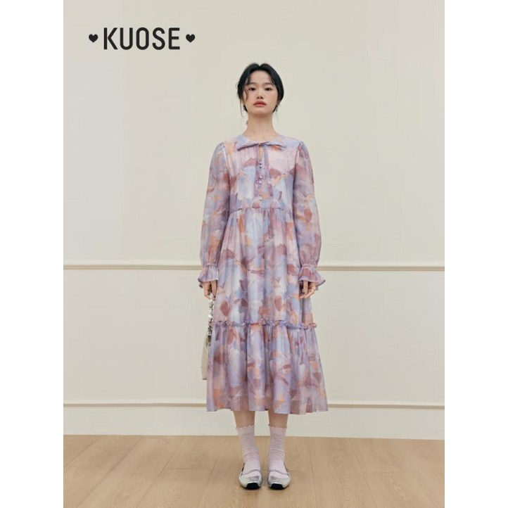 KUOSE 쿠오세 원피스 플라워 리본 프릴 드레스 브이넥 쉬폰 롱 KSB2402006