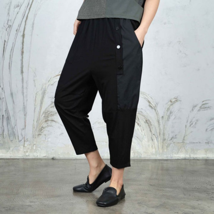 벅시루 슬림패션 소재배색 건빵포켓 8부 미시 여성 키작녀 프리사이즈 스판 밴딩 배기바지 238