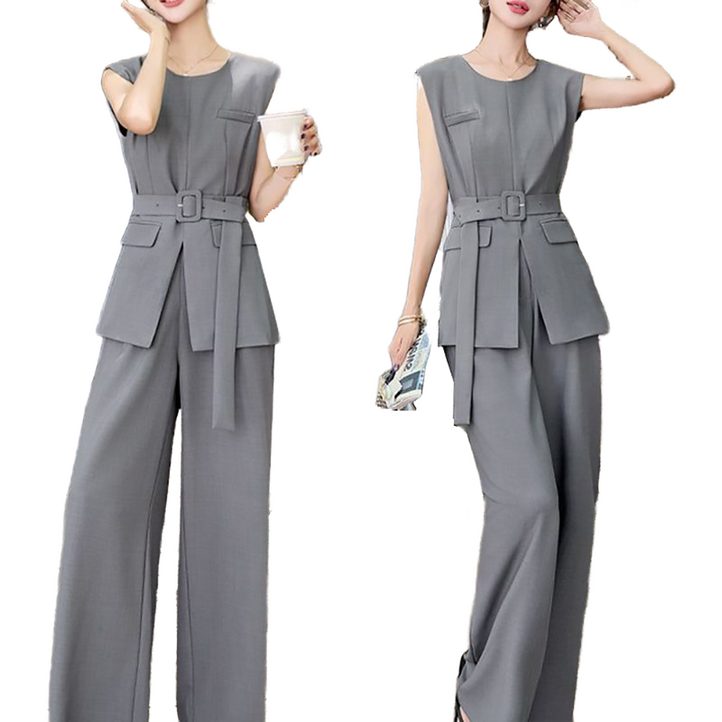 셀럽당캐주얼 패션 정장 투피스 여름 허리 조끼 민소매 와이드 팬츠
