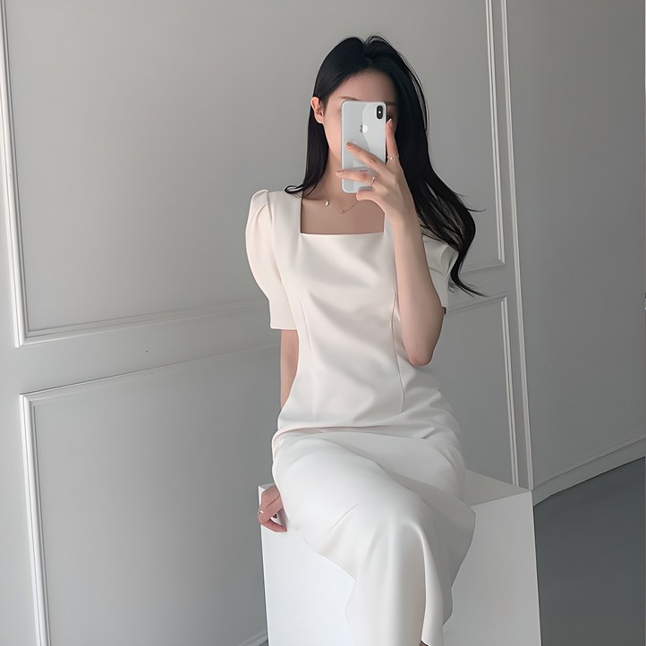 예쁨시전 웨딩룩 스퀘어넥 어깨퍼프 반팔 핀턱 롱 원피스 예쁨시전 웨딩룩 스퀘어넥 어깨퍼프 반팔 핀턱 롱 원피스