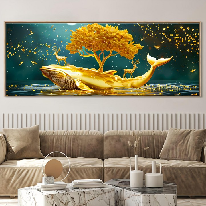 인메이블 돈들어오는 황금 고래 그림 거실 침실 인테리어 개업 집들이 이사 선물 대형 캔버스 풍수 돌고래 액자, 캔버스액자
