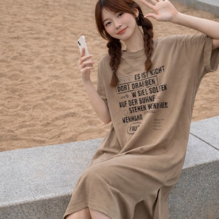 THE HONG 레터링 100%순면 루즈핏 반팔 원피스 홈웨어