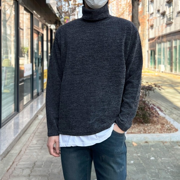 남자 겨울 오버핏 니트 폴라 터틀넥 티셔츠