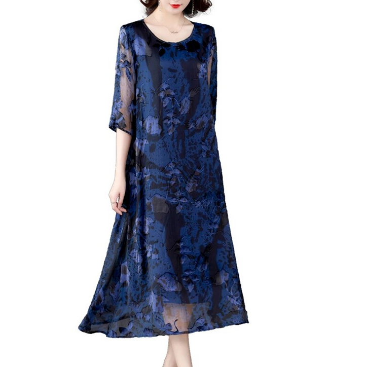 여성 롱 맥시 원피스 블루 자카드 뽕나무 실크 드레스 봄 캐주얼 느슨한 3XL 플러스 사이 - 쇼핑앤샵