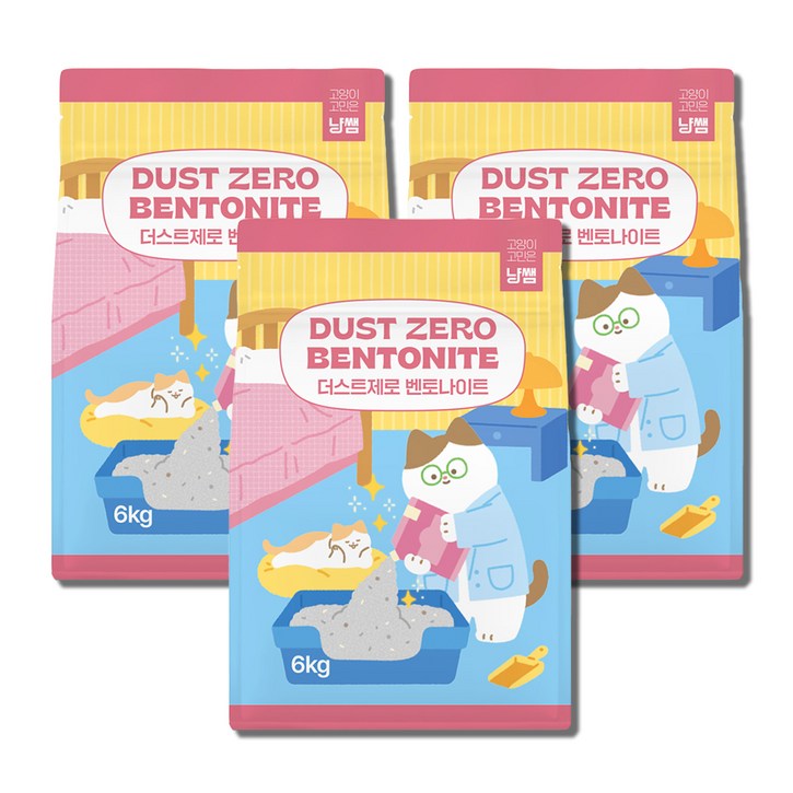 냥쌤 더스트 제로 벤토나이트 베이직 언센티드 고양이 모래, 6kg, 3개, 무향