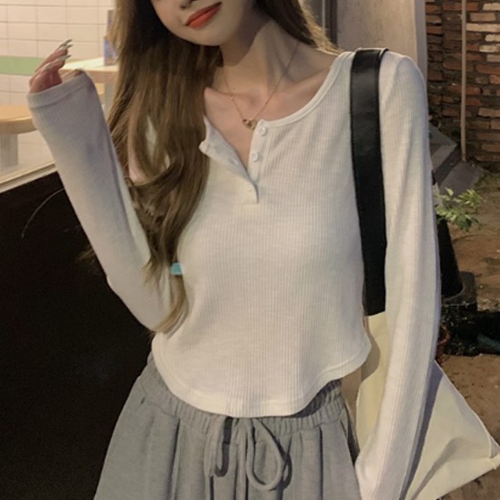 구디프 여성용 헨리넥 크롭 긴팔 티셔츠 구디프 여성용 헨리넥 크롭 긴팔 티셔츠