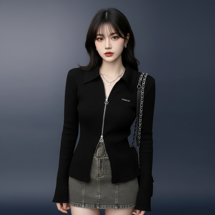 마켓피아 여성용 카라넥 골지 니트 집업 가디건