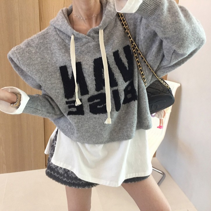 아이미마인 메시지 레터링 루즈핏 세미크롭 겨울 후드니트티 2color