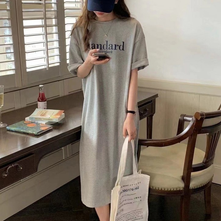 후암마켓 스탠다드 레터링 데일리 반팔 롱 원피스 루즈핏