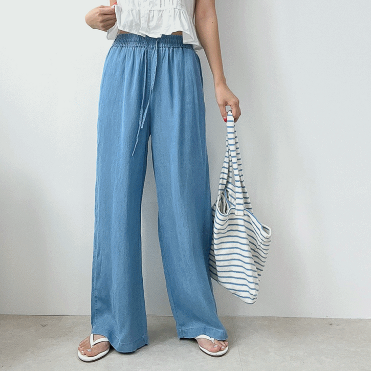 쿨 텐셸 아이스 여름 와샤 데님 청 와이드 밴딩 팬츠 2color