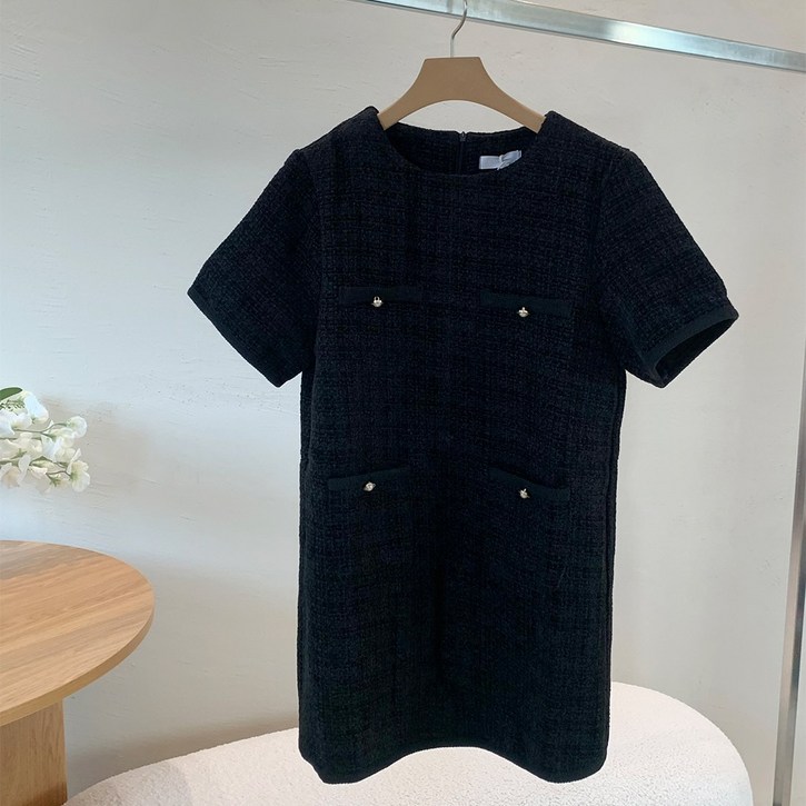 러우 여성 데일리 트위드 반팔 배색 콘솔지퍼 여름하객룩 미니 원피스