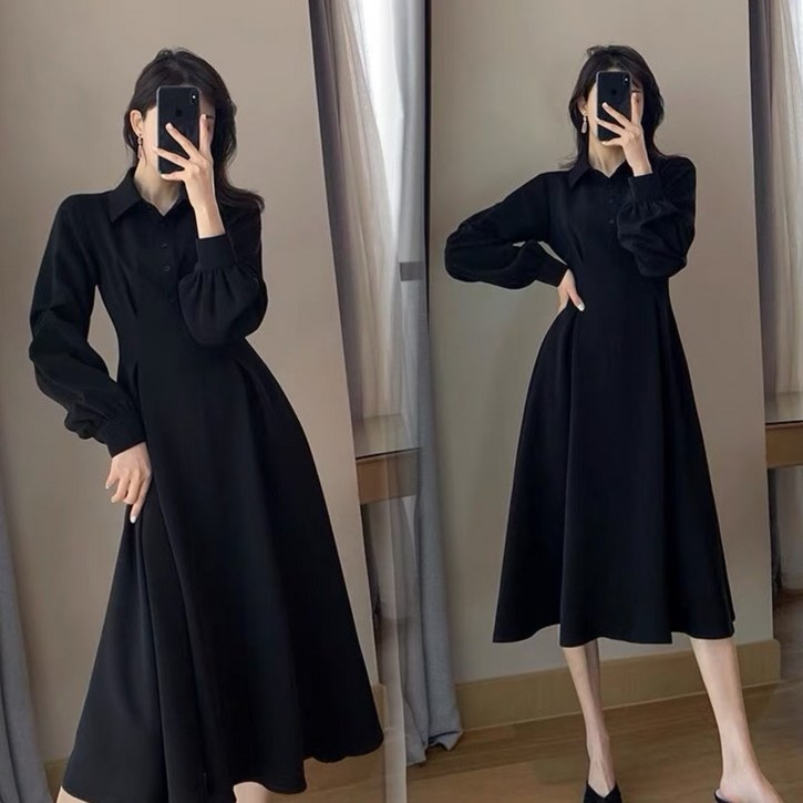 에쥬아 여성 긴팔 셔츠원피스 핀턱 허리조임 오피스룩 미디원피스