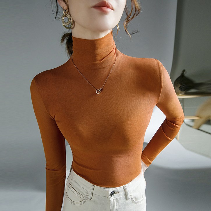 하이 칼라 메쉬베이스 셔츠 여성의 2022 년 가을/겨울 새로운 인테리어 재킷 긴 소매 타이트한 대형 스트레치 티셔츠