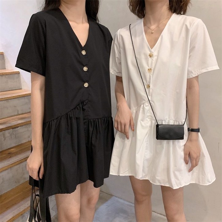 반팔 티셔츠 원피스 오버핏 치마 브이넥 미니 치마 빅사이즈 심플 데일리 플레어 일자 원피스 버튼