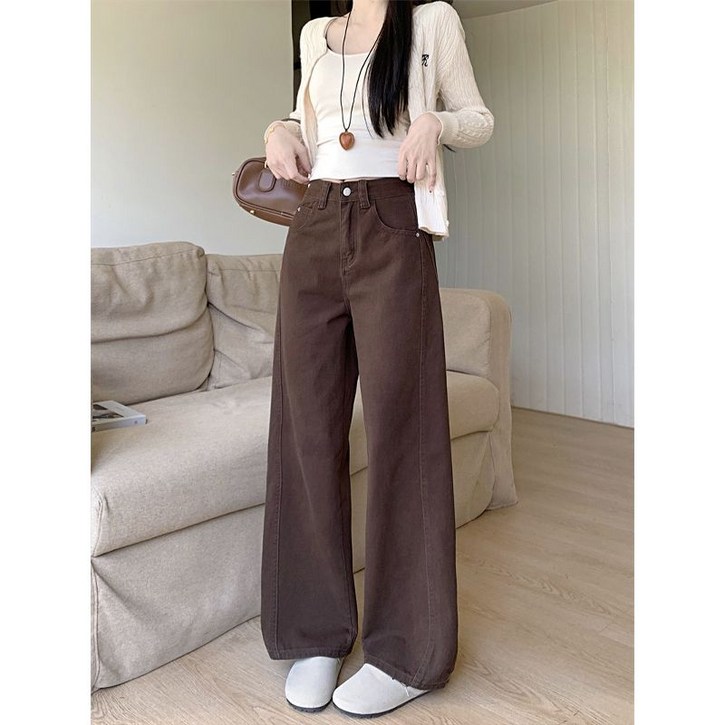 유니픽 여성 하이웨이스트 루즈핏 와이드 청바지 가을겨울 신상 갈색 롱팬츠cc
