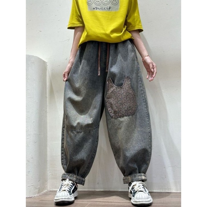 PEROLA 여성 빅사이즈 기모 청바지 스트링 밴딩 배기팬츠 캐주얼 가을 겨울 워싱 데님 팬츠