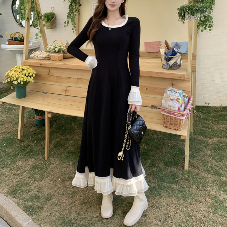 네디아 검정 베이지 배색 프릴 긴팔 롱 원피스 빅사이즈까지