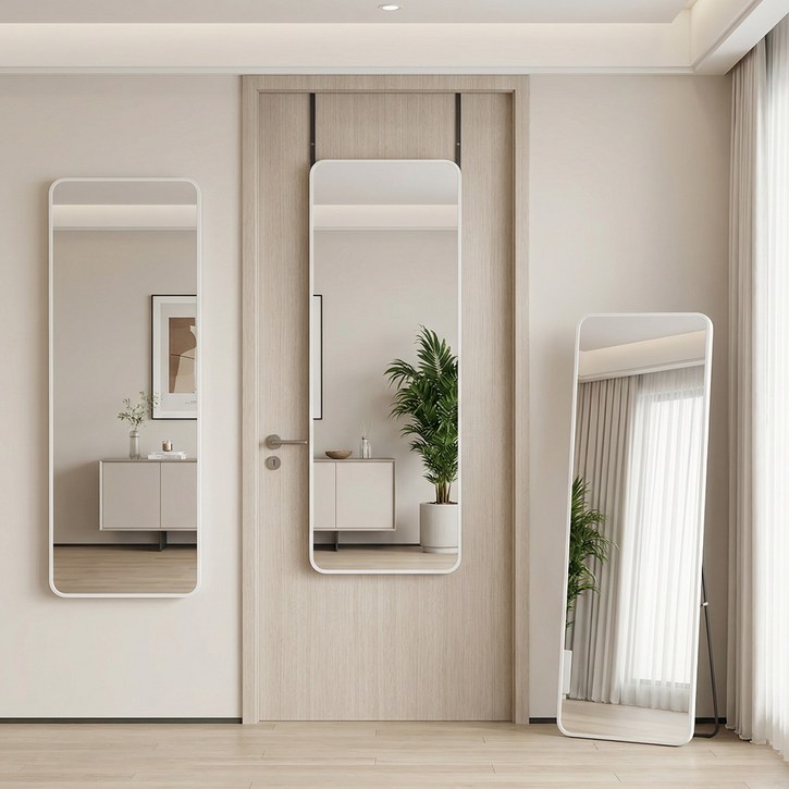 안토크 전신거울 3in1 벽거울 문걸이거울 35*120cm, 화이트-둥근