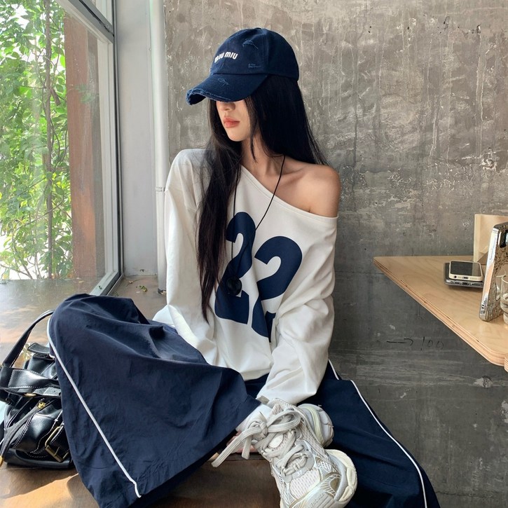 DODLXL 여자 레트로 오프숄더 티셔츠 아메리칸 캐주얼 Y2K 긴팔 맨투맨 상의