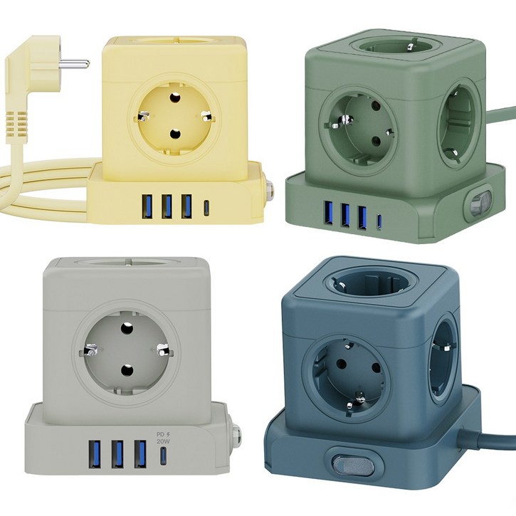 티메코 20W 고속충전 5구 멀티탭 TMC10 SF코팅 큐브 디자인 C타입 USB 1.8M 전선형, 1개, 블루, 1.8m
