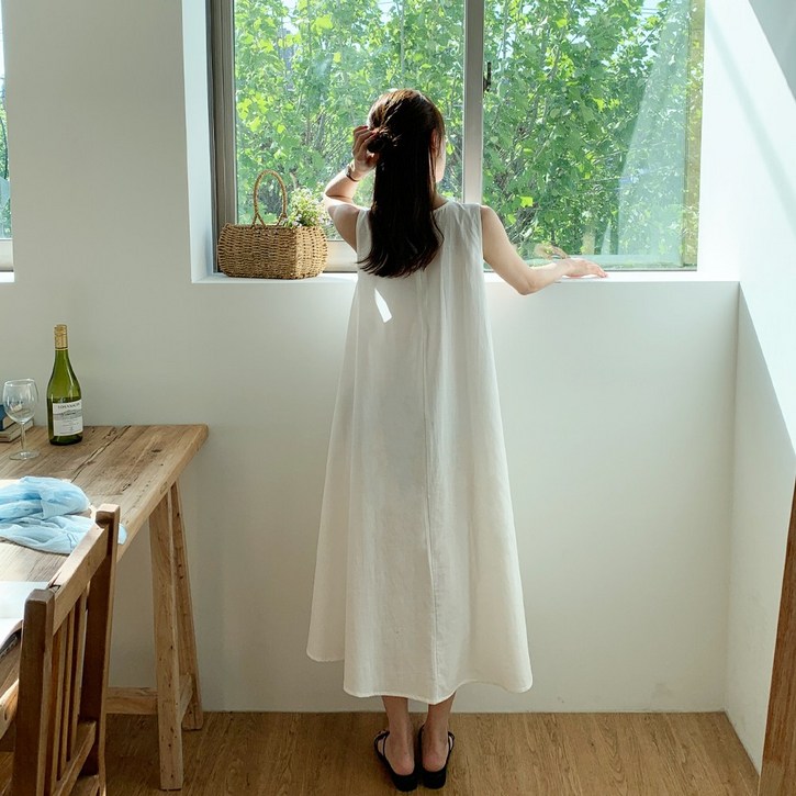 앤샵 여성 드림 라운드 린넨 나시 플레어 여름 롱원피스3color