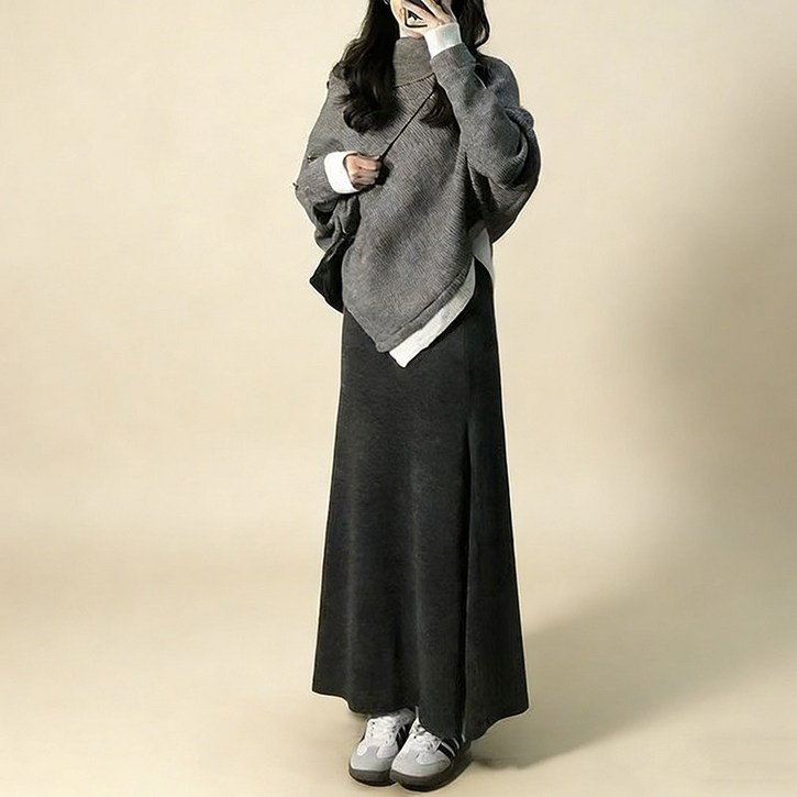 여성 투피스 세트 가을 겨울 니트 언발 폴라 긴팔 스웨터 롱 스커트 슬림소녀