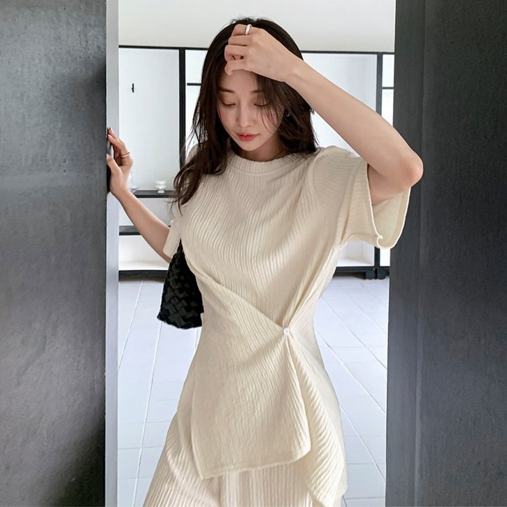 떳다그녀 드엘린 플리츠 랩 티셔츠 팬츠 세트 반팔 셋업 체형커버 꾸안꾸룩 와이드 밴딩 바지 투피스